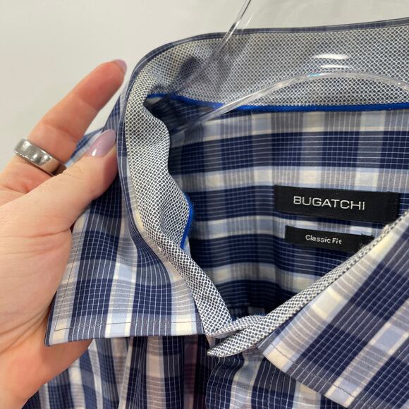 Bugatchi Uomo Shirt XXL Blue Plaid Check Long Sleeve Cotton Casual Dress Shirt - Picture 13 of 16